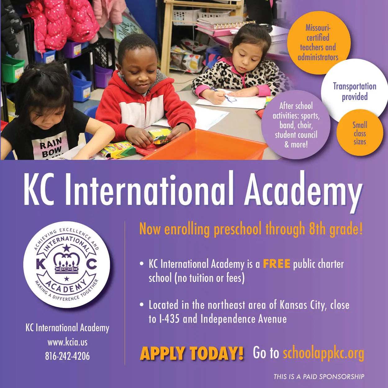 KCIA — Now enrolling preschool through 8th grade — apply today at SchoolAppKC.org